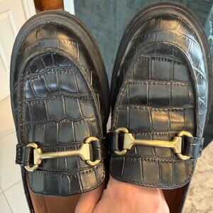 Madewell Women's Bradley Hardware Lugsole Loafer Croc Embossed Leather Black 8.5